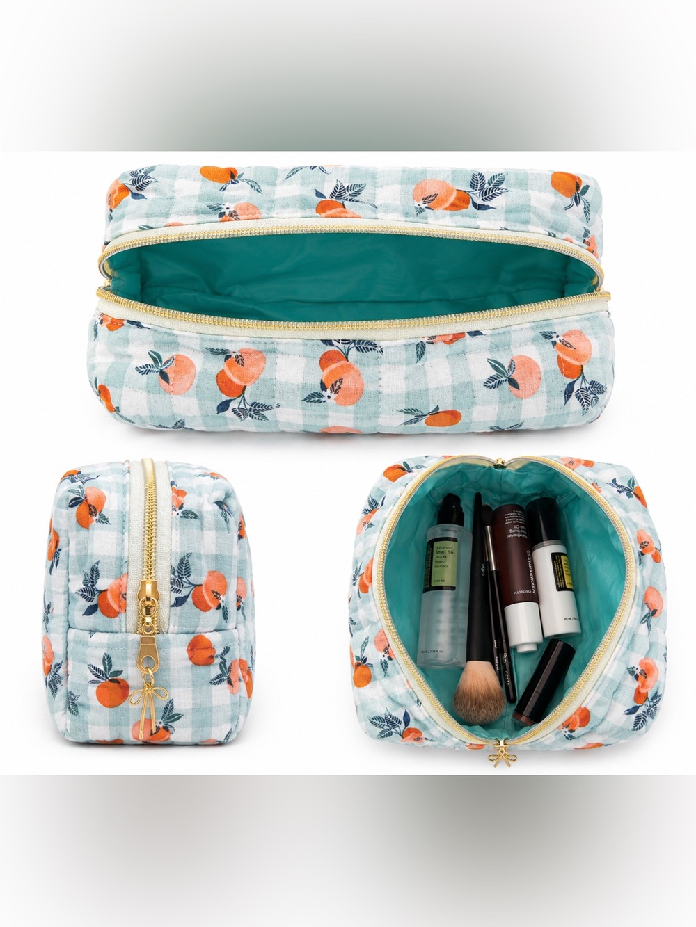 Quilted Peach Print Cosmetic Bag - White & Teal